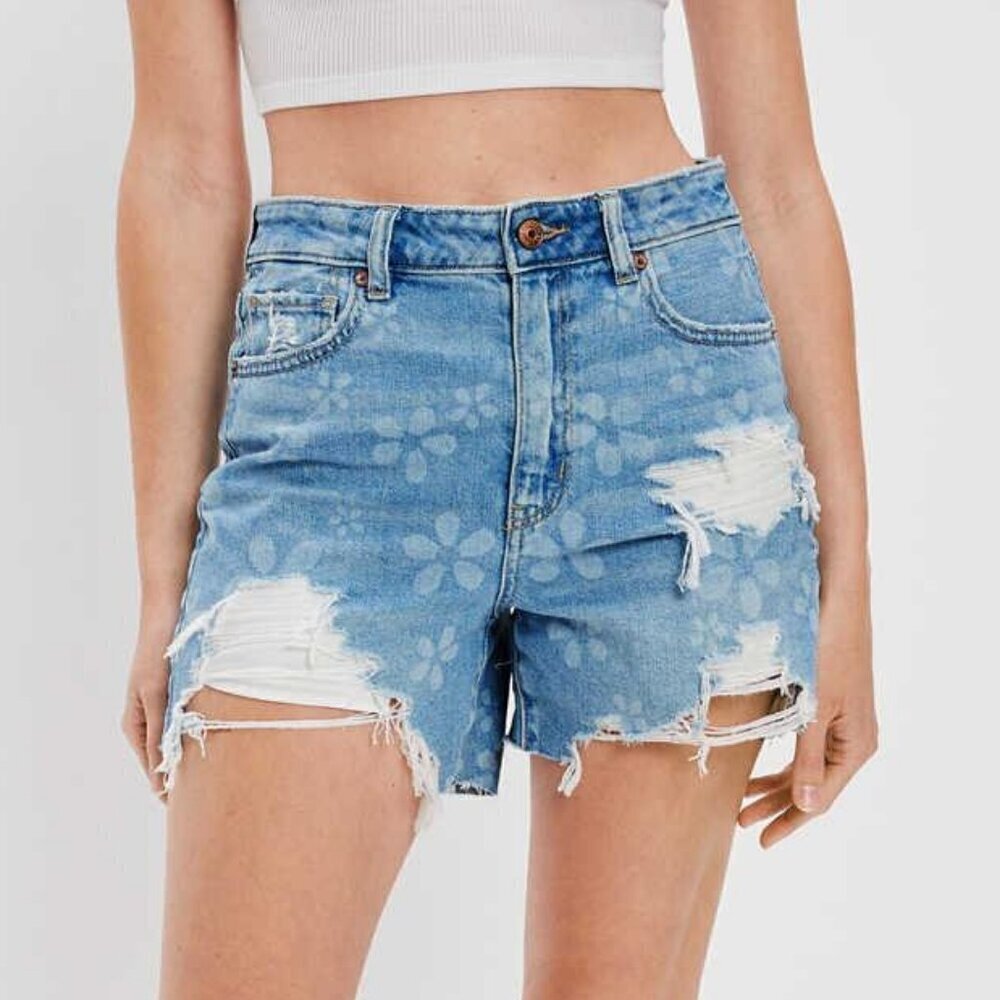 American Eagle Light Wash Floral Stamp Distressed Highest Waist Baggy Short
